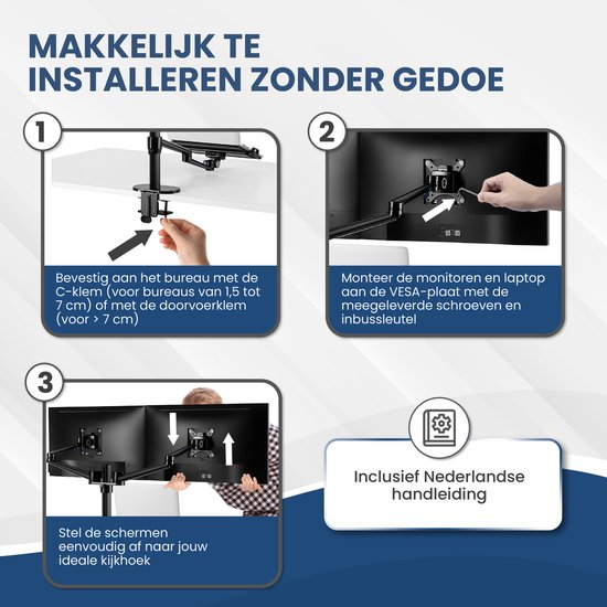 TTD® Bras pour moniteur 2 écrans et ordinateur portable - Bras pour moniteur 3 écrans - Bras pour moniteur 2 écrans et 1 ordinateur portable - Entièrement rotatif et réglable en hauteur - 9 kg par bras - Support pour moniteur - Noir - Aluminium - Support