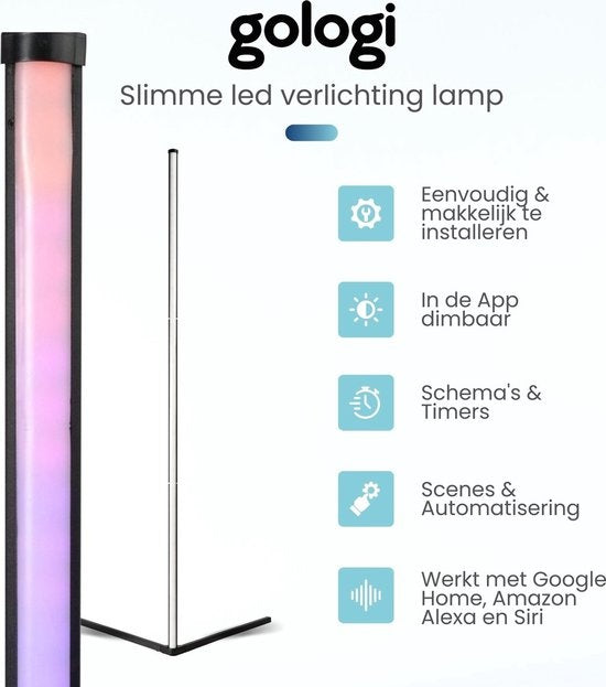 Gologi Smart Floor Lamp LED - Lampe d'angle - Industrielle - Debout - Salon - Dimmable - RGBW - Avec App - Noir