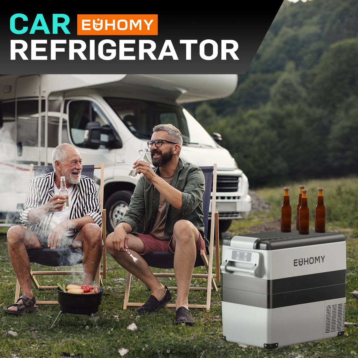 Glacière à compresseur Euhomy 49,4 litres - 2 compartiments - Réfrigération et congélation - de -20 à 20 °C - 12/24 V et 230 V - Commande via une application