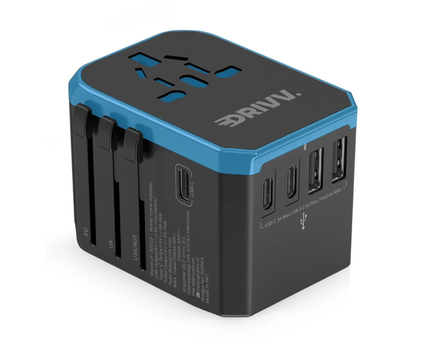 Drivv - Adaptateur universel USB-C - 6 ports - 2 300 W - Compatible avec plus de 150 pays