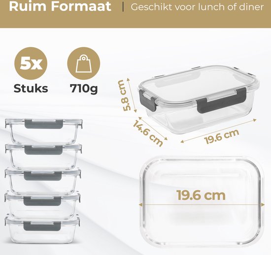 Stosh Meal Prep Trays - Plateaux fraîcheur - Plateaux congélation - Etanches à l'air - 5 pièces - 1L - Sans BPA - Verre