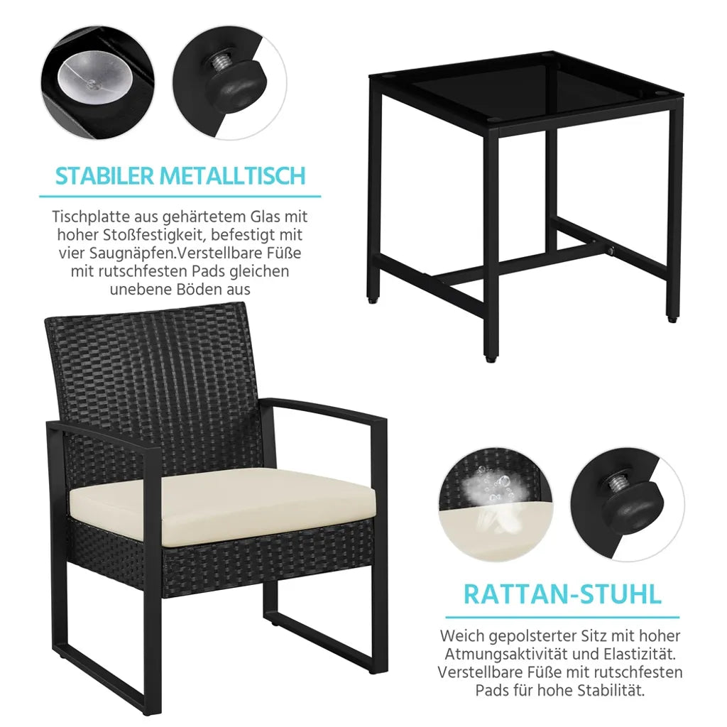 Ensemble de mobilier de jardin Yaheetech 3 pièces - Noir/Beige - Ensemble de balcon en polyrotin avec table d'appoint et plateau en verre