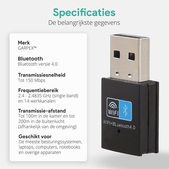 Garpex® Wireless USB WiFi Bluetooth Adapter - Dongle sans fil USB2.0 WiFi BT4.0 Adapter