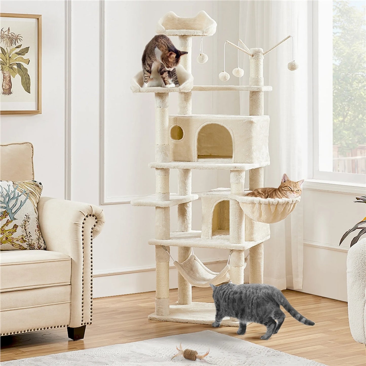 Arbre à chat Yaheetech 170 cm - Beige - XL - 5 niveaux - 2 niches pour chats - Hamac - 7 poteaux à grimper