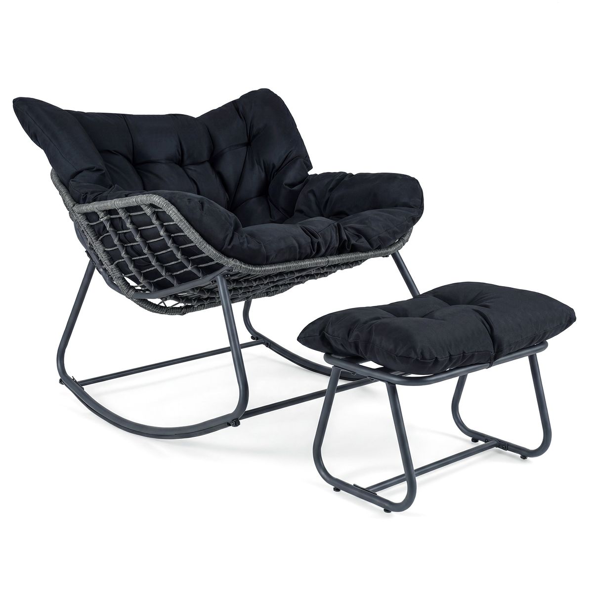 Fauteuil à bascule Coast avec repose-pieds - conception ergonomique - structure métallique avec rotin en PE - noir