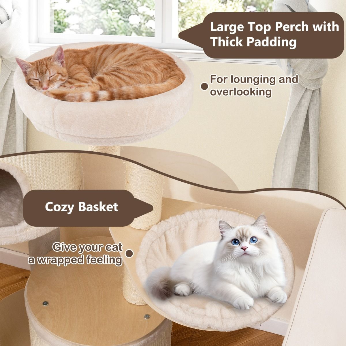 Arbre à chat Coast - 2 maisonnettes - panier et balle - 152 cm - couleur naturelle