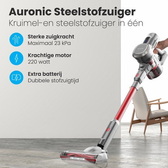 Auronic Stick hoover - Sans fil - Sans sac - Alimenté par batterie - Autonome - 220 W - Batterie supplémentaire - Gris/Rouge