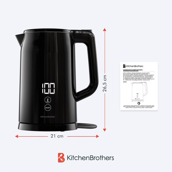 Bouilloire - KitchenBrothers - Électrique - Filtre à calcaire - Fonction maintien au chaud - 1,7L - 2200W - Noir