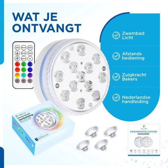 AyeKids Pool Lights - Lampe sous-marine - Jacuzzi - LED - Etanche - Télécommande - 16 couleurs
