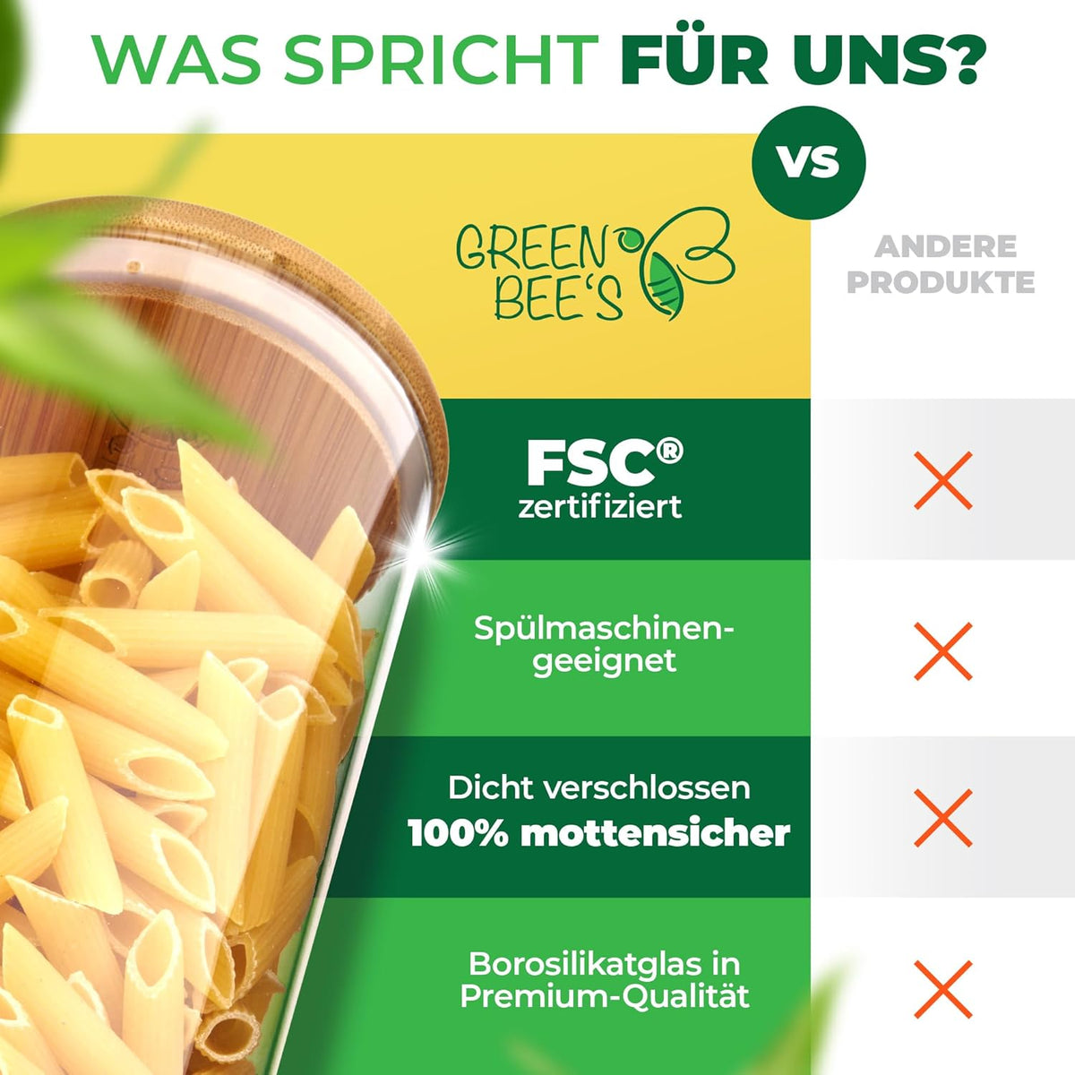 GREEN BEE`S Bocal à provisions grand - 2x1500ml Nouveau modèle - Convient parfaitement pour le tiroir et l'armoire à pharmacie - Bocaux à provisions durables avec couvercle hermétique - Pour la farine, le sucre, les pâtes, le café et les flocons d'avoine