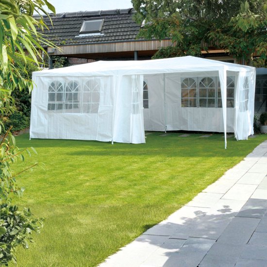 Tente de réception Kinzo 3 x 6 m - Tente-pavillon pour 70 personnes - Pavillon de jardin avec 6 parois latérales - Tente de jardin avec une hauteur au faîte de 2,5 m - Tente de réception imperméable et résistante aux UV - Blanche