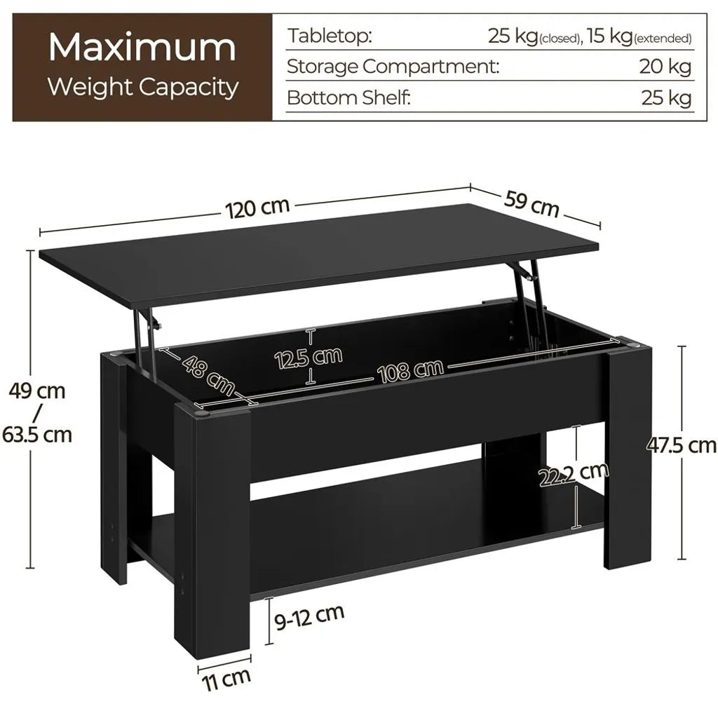 Table basse Yaheetech 120 x 59 cm - Noire - Table basse réglable avec espace de rangement et mécanisme de levage