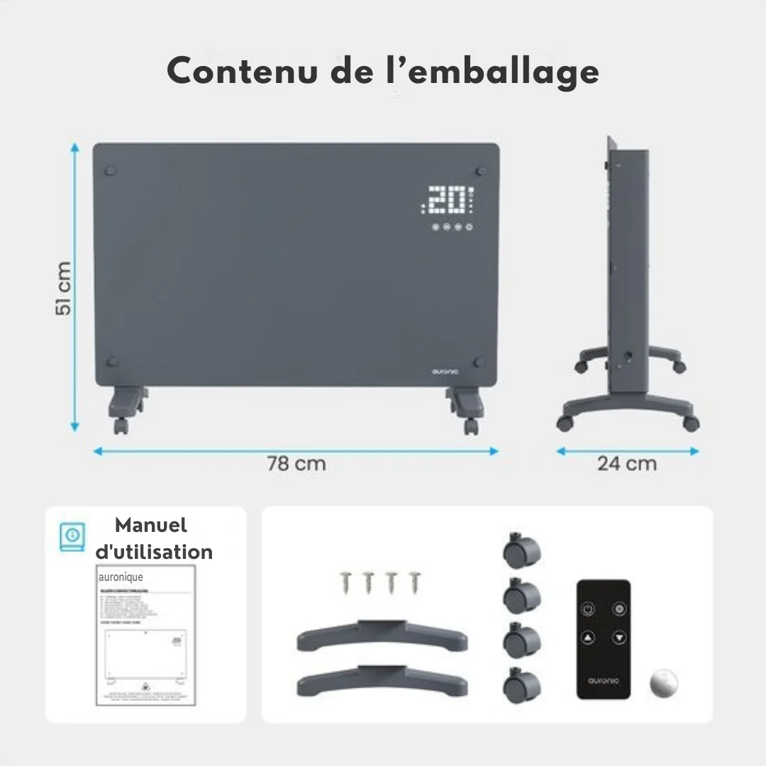 Radiateur électrique Auronic - Radiateur à convection avec thermostat et télécommande - Radiateur à panneau en verre - Radiateur 1000 W - Gris