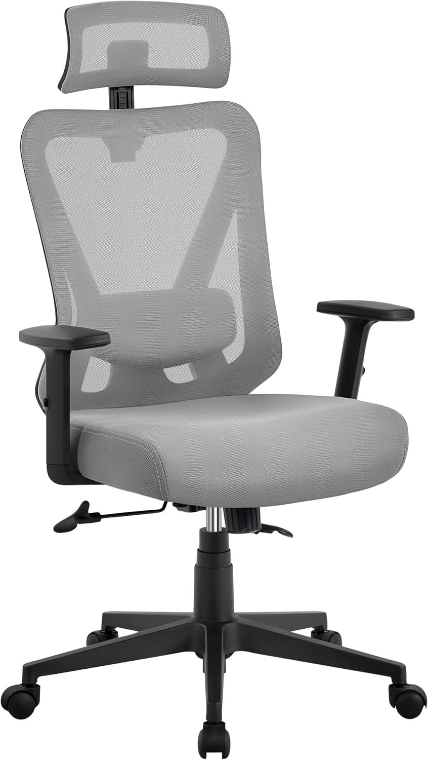 Chaise de bureau ergonomique Yaheetech avec soutien lombaire et appui-tête réglables, 70 × 70 × 125 cm, gris clair