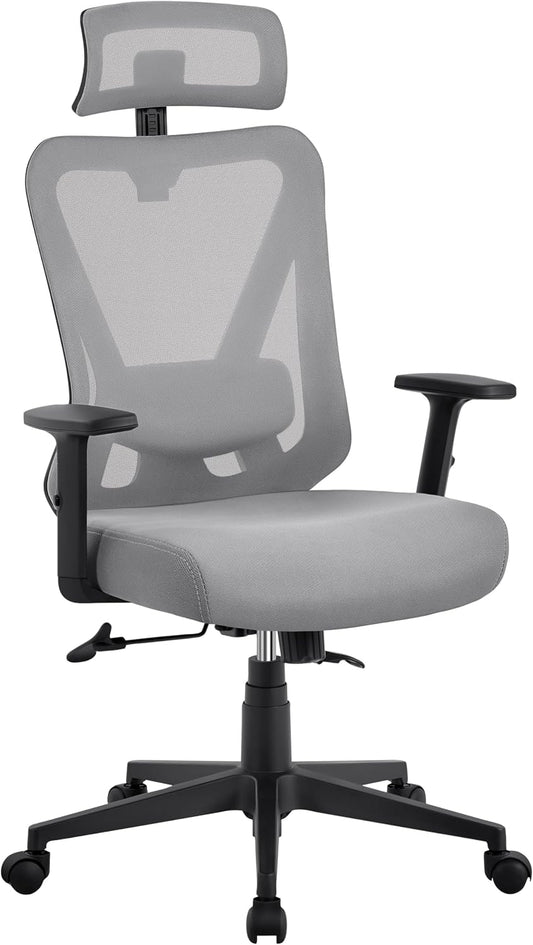 Chaise de bureau ergonomique Yaheetech avec soutien lombaire et appui-tête réglables, 70 × 70 × 125 cm, gris clair