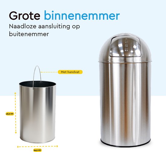 BRASQ Push Bin Acier inoxydable Poubelle avec bac à déchets amovible 30 litres - Poubelle - Poubelles