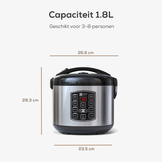 KitchenLove Rice Cooker with Steamer 1.8L - Cuiseur de riz - Fonction de réchauffage - 3 à 8 personnes - Acier inoxydable noir
