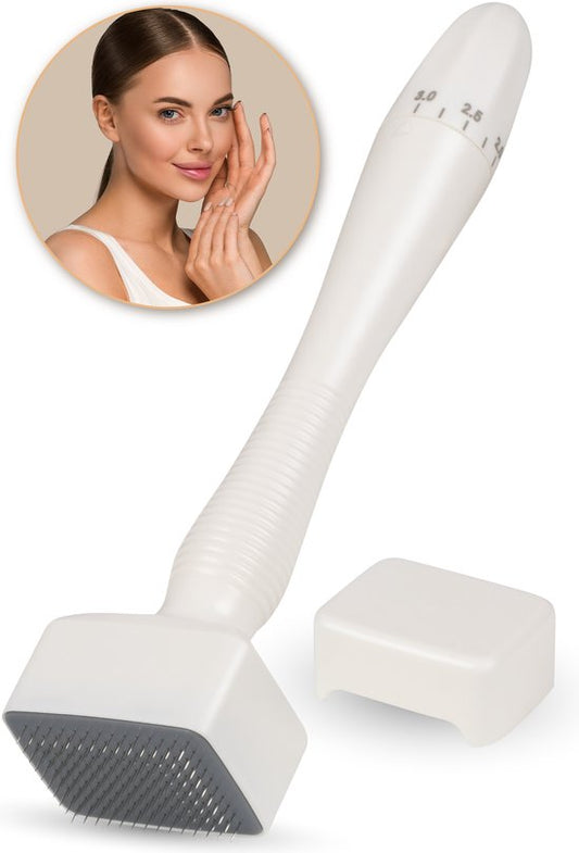 Nuvance - Dermastamp - Ajustable entre 0.1mm et 3mm - Derma Stamp - 140 aiguilles - Microneedling - Dermaroller - pour les soins de la peau, la pousse des cheveux et la pousse de la barbe