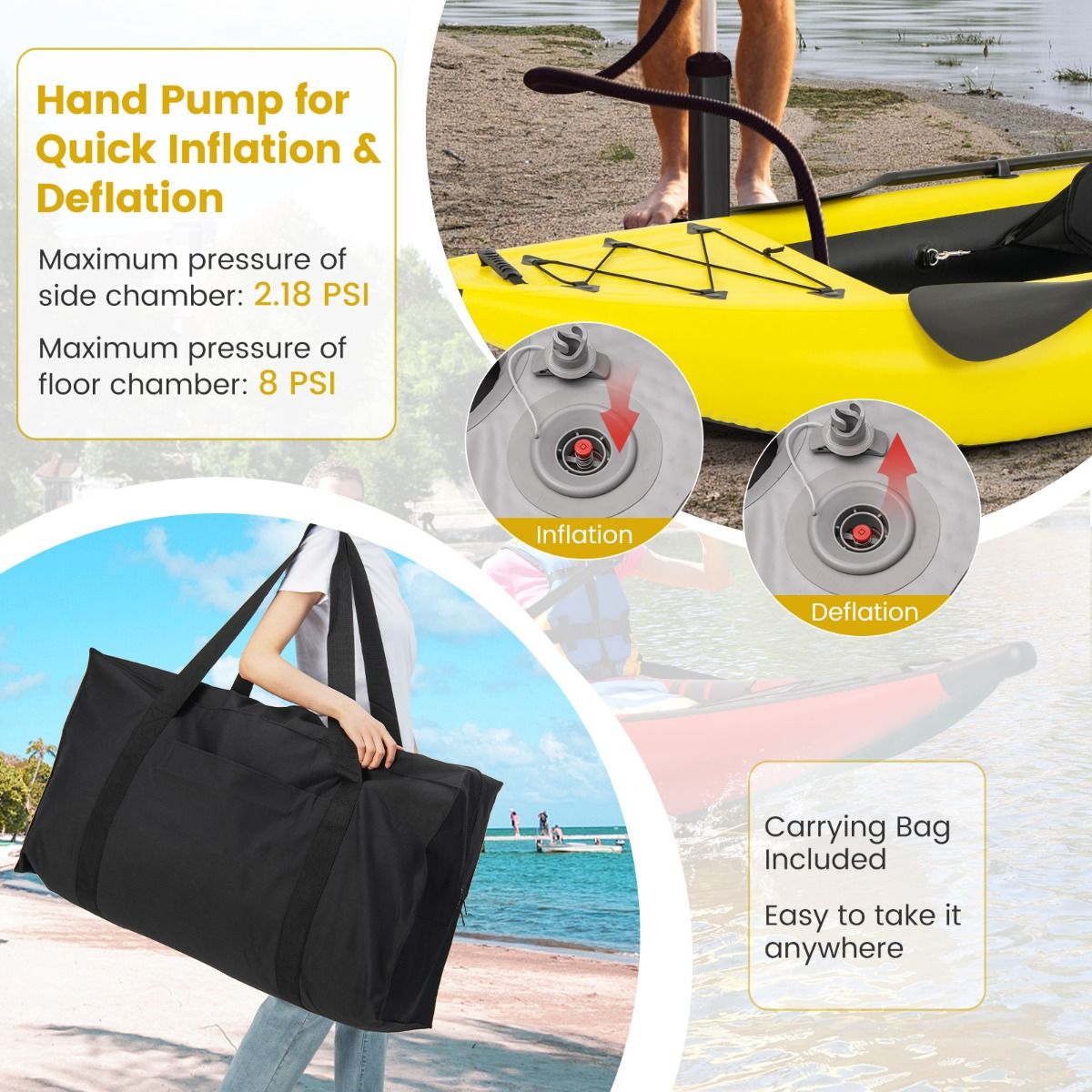 Kayak gonflable Coast pour 2 personnes - Sièges réglables - Pagaies et pompe à main incluses - Jaune