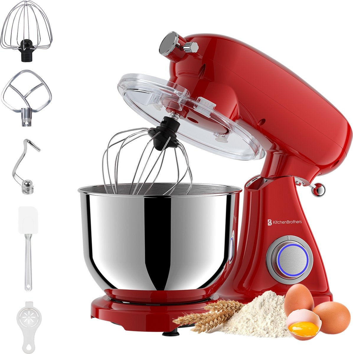 Robot de cuisine - KitchenBrothers - Bol mélangeur 6L - 1800W - Aluminium - Rouge