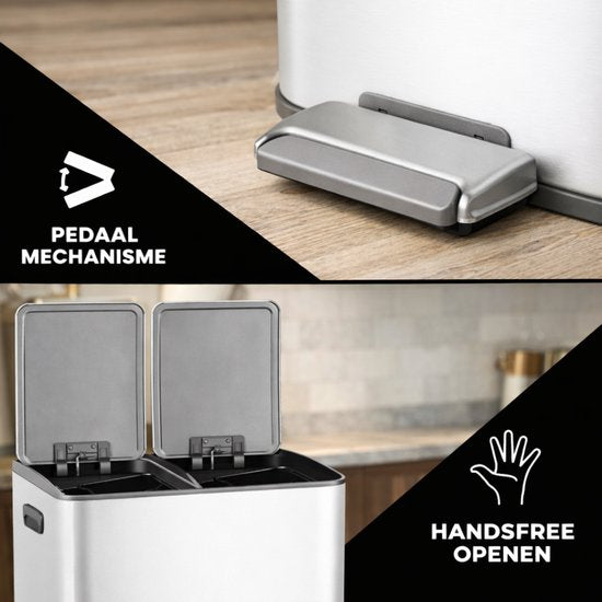 Bayt Poubelle - Poubelle 60 litres (2x30) - Poubelle 60 litres - Poubelle à pédale 60 litres - Poubelle Séparation des déchets - Poubelle 2 compartiments - Poubelle - inox - Blanc
