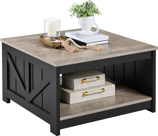 Yaheetech Table basse carrée - 80 x 80 x 45 cm - avec compartiment de rangement spacieux, design de porte de grange et placage en grain de bois - pour le salon et la salle de séjour - MDF gris E1