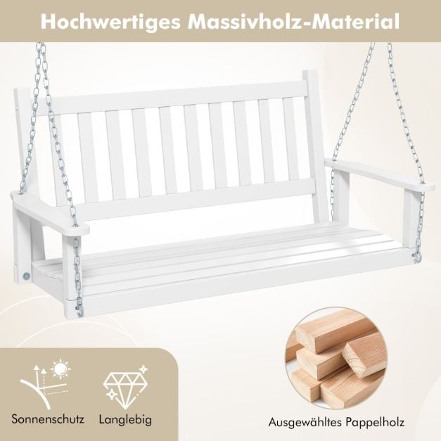 Banc suspendu Coast 3 places en bois – Balançoire de style hollywoodien en bois de peuplier massif avec chaînes réglables – jusqu'à 360 kg – Blanc