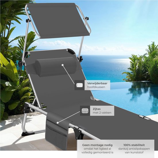 tectake® Lounger Aurelie avec toit solaire et coussin - Lounger - Bain de soleil - Bain de soleil de balcon pliable en aluminium - Bain de jardin résistant aux intempéries pour le jardin, le balcon, le camping et la plage - Dossier réglable avec coussin -