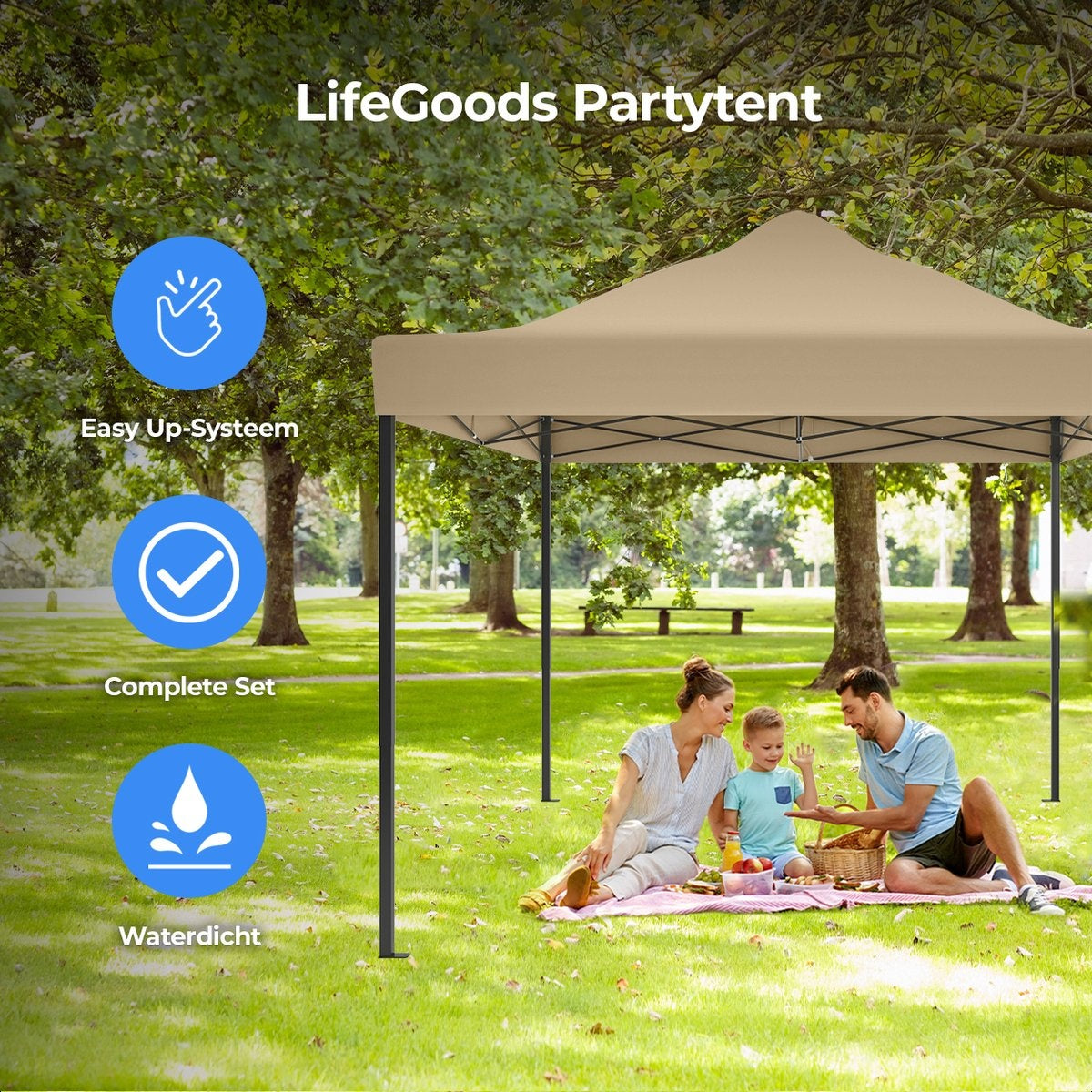 LifeGoods Partytent - Paviljoen - 3x4.5 m - Zijwanden - Easy Up - Opvouwbaar - Waterdicht - Draagtas met Wieltjes - Beige
