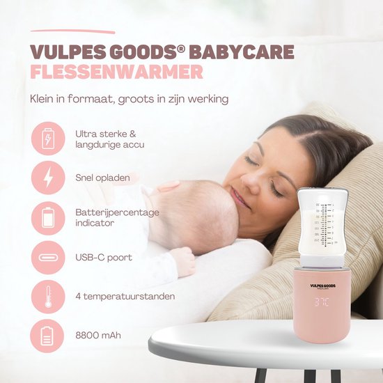 Vulpes Goods® BabyCare - Chauffe-biberon On the Go Pro - Chauffe-biberon portable - Chauffe-biberon intelligent - 4 niveaux de température - Sans fil - Rose