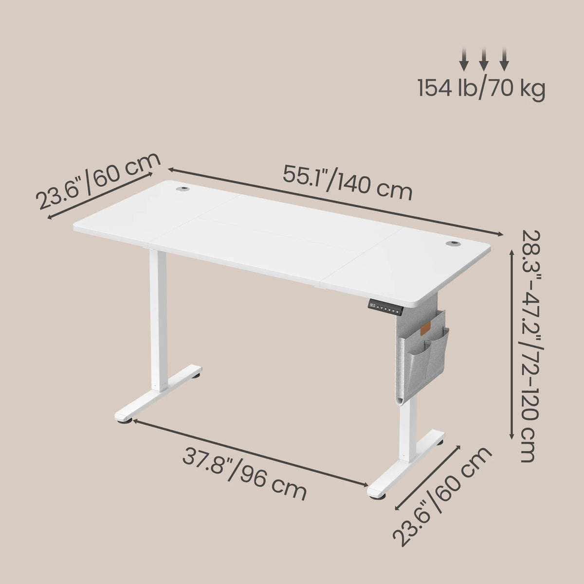 JOYFURNOS Bureau électrique assis-debout blanc 140,1 x 60,1 cm, réglable en hauteur