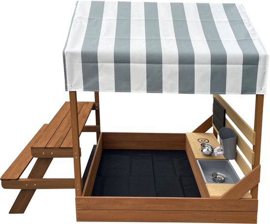 Bac à sable et maisonnette de jeu AXI Bo 159 x 105 cm avec cuisine de jeu et table de pique-nique, marron – Bois FSC – Avec tableau à craie et lot d'accessoires pour bac à sable (6 pièces) – Bâche de protection et toile de sol incluses – Garantie de 10 an