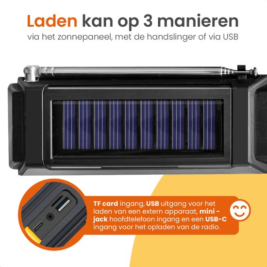 Radio d'urgence Goliving - 17 x 9 x 4 cm - Radio portable - Powerbank solaire rembobinable - Lampe de poche rechargeable - Réveil numérique - Bluetooth - 10000 mAH - 80 dB - Noir
