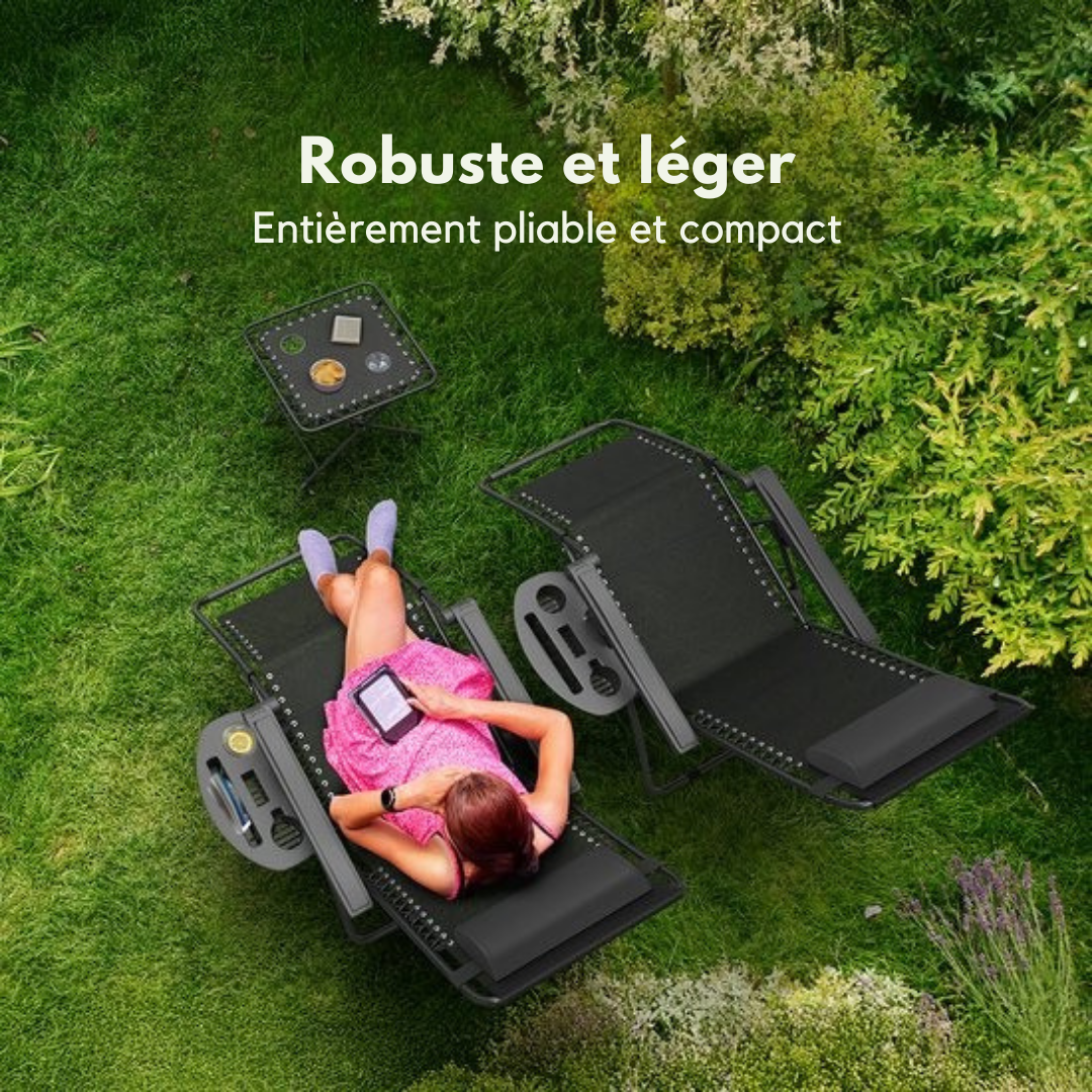 LifeGoods Chaises longues - Pliable - Ensemble complet - Avec table d'appoint - 30°-90° réglable - Chaises de jardin - Métal - Noir