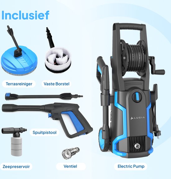 Nettoyeur haute pression Lugia - 135 bars - 1 600 W - 430 L/h - Pack comprenant un nettoyeur de terrasse, une brosse rotative et une buse turbo