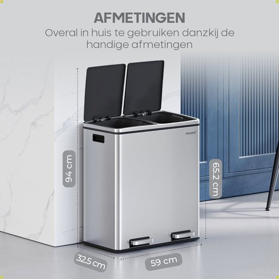 Poubelle O'DADDY® - Poubelle – Duo Bin – 60 litres – Fermeture douce – 58,6 x 32 x 65 cm – 2 seaux intérieurs / compartiments - Poubelle - Poubelle à pédale 60 L - Corbeille à papier - Poubelle - Poubelle pour le tri sélectif – 15 sacs poubelle inclus – A