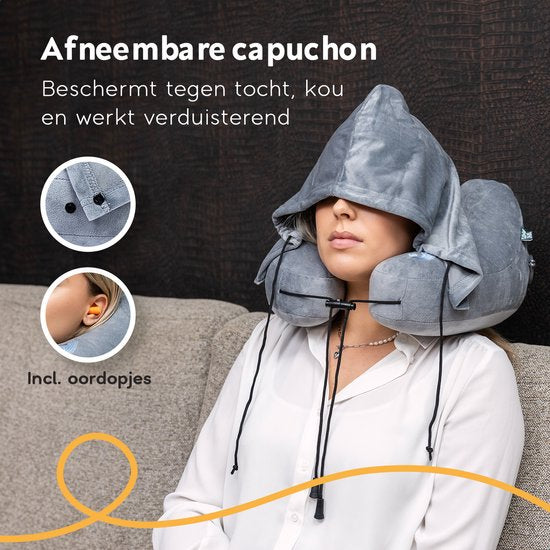TRAVARA Oreiller gonflable pour la nuque - The Airsnoozer - Oreiller de voyage - Pour l'avion et la voiture - Avec bouchons d'oreille - Oreiller pour la nuque - Gris