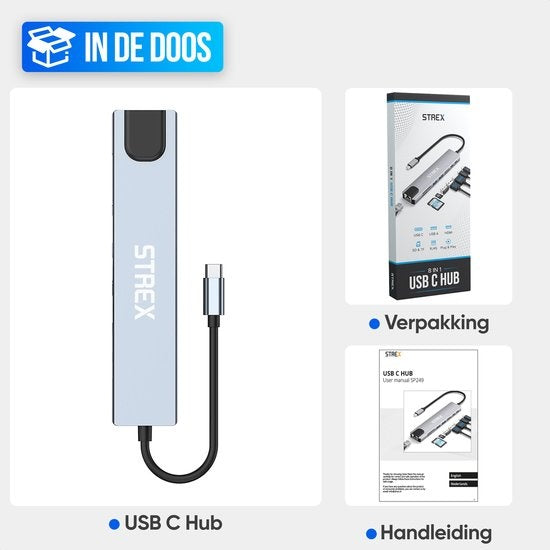 Strex 8 in 1 USB C Hub - Docking Station - USB Splitter - 4K HDMI - USB A - USB C - Ethernet - Micro SD - Convient aux ordinateurs portables, Macbook, Windows