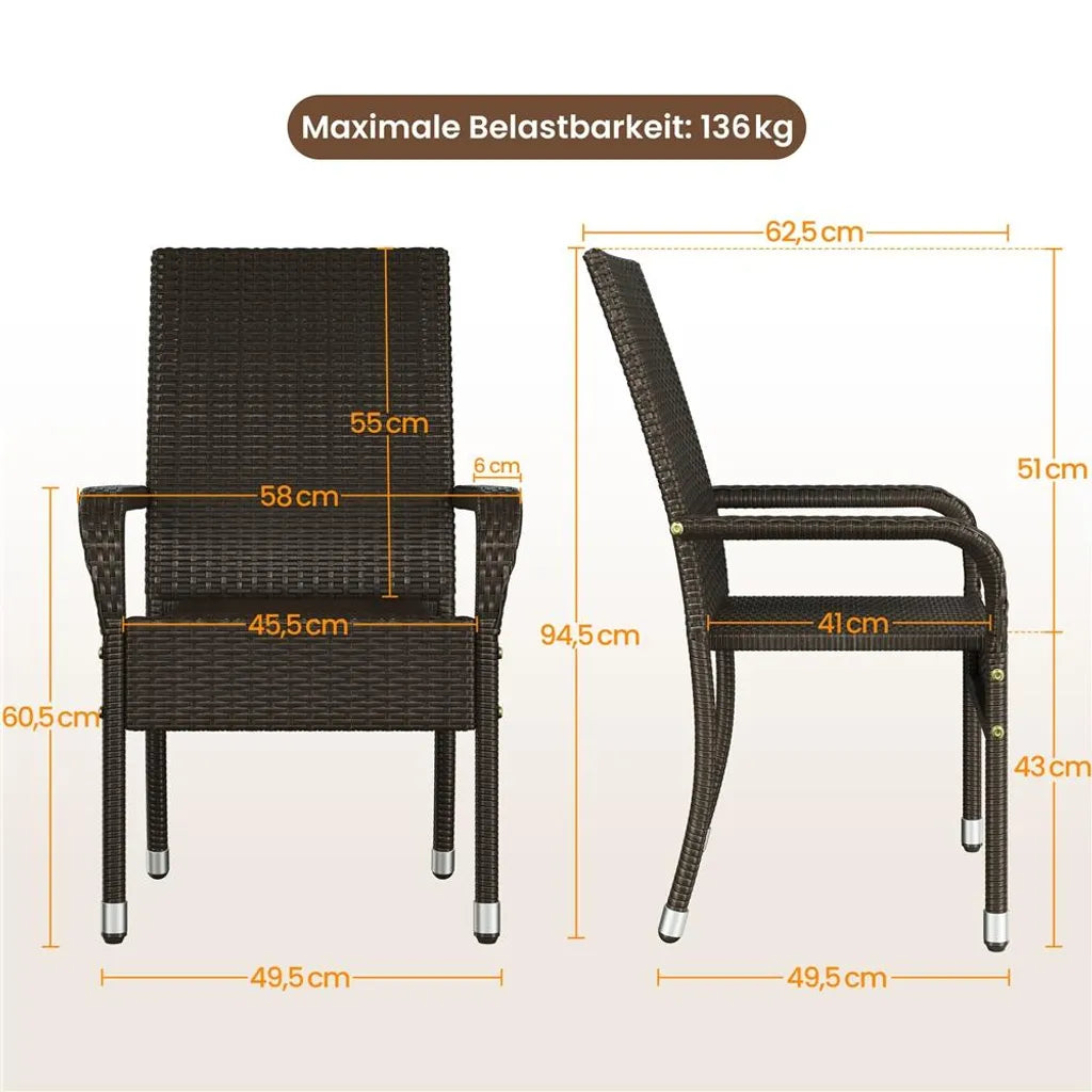 Yaheetech Lot de 2 chaises de jardin – Marron – Polyrattan – 58 x 62,5 x 94,5 cm – Empilables avec accoudoirs