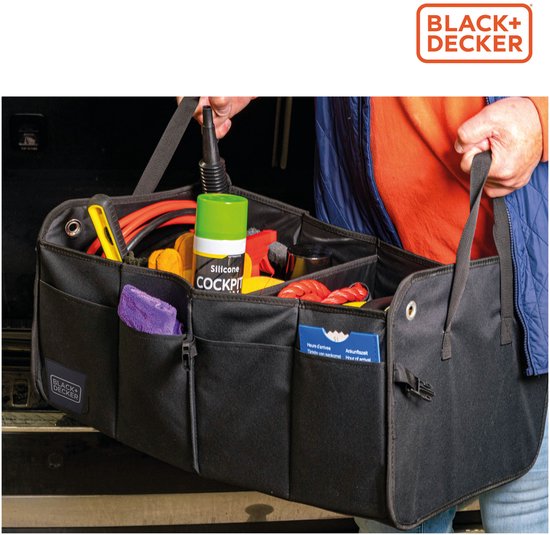 Boîte de rangement BLACK+DECKER pour coffre de voiture - 59 x 36 x 30 cm - 2 compartiments - Compartiments latéraux supplémentaires - Avec poignées - Noir