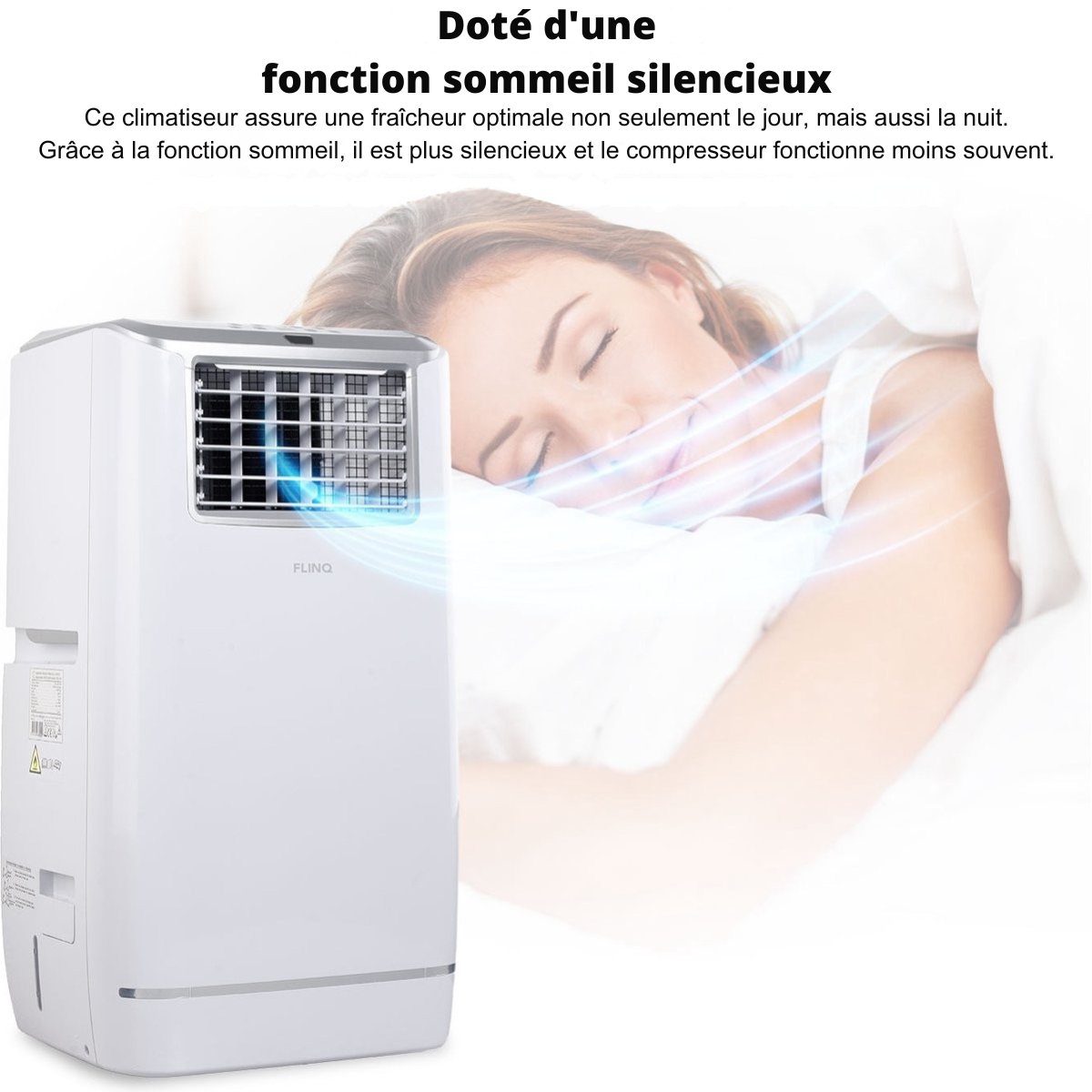 Climatiseur Mobile Intelligent FlinQ avec Tuyau de Drainage – 13 000 BTU – Fonction Sommeil Silencieux – Rafraîchit jusqu’à 50 m² – Avec Application et Télécommande – 41,5 x 41,8 x 79 cm – Blanc
