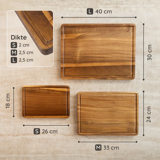 Deleca 3-Piece Cutting Board Set Seville with Holder - Planches à découper (40x30 | 33x24 | 26x18 cm) - Pour la cuisine, planche à servir, planche à fromage, planche à boire, planche à découper et planche à tapas - Bois d'acacia FSC