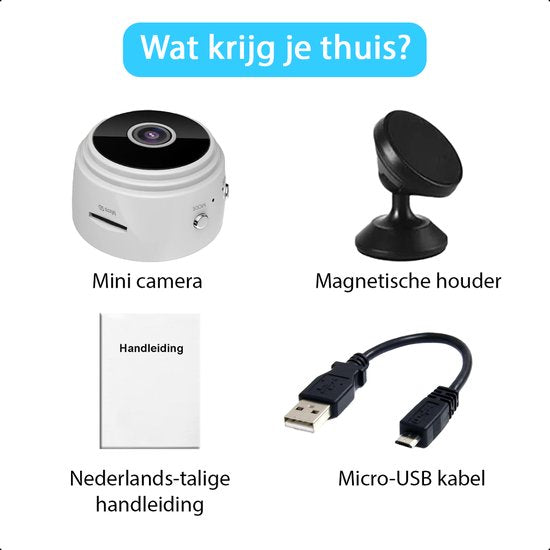 Tech Essentials® Mini caméra espion - 1080P/Full HD - Avec APP WiFi - Vision nocturne - Détection de mouvement - Caméra vidéo cachée compacte - Petite caméra d'intérieur - Espion - Sans fil - Animaux - Intelligente - Blanc