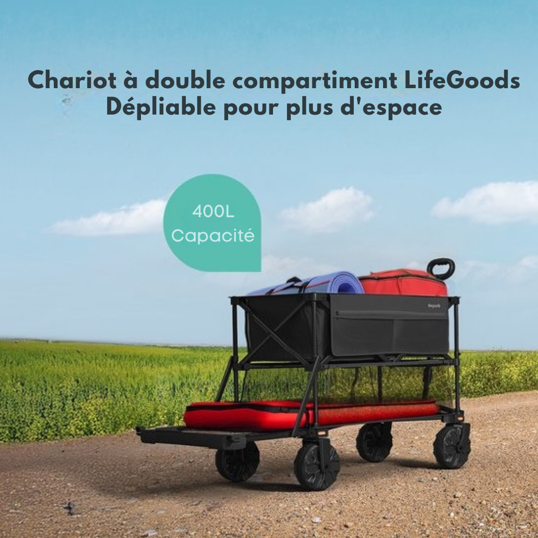 Double Wagon pliable LifeGoods - 200KG - 400L - Avec housse de protection - Noir