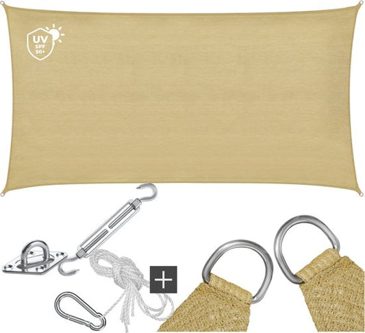 tectake® Toile d'ombrage rectangulaire Sunny - 2 x 4 m - Toile d'ombrage extra robuste en HDPE 185 g/m² - Protection UV 50+ - Résistant aux intempéries et à la déchirure - Parasol pour jardin, balcon, terrasse - Parasol avec matériel de fixation - Couleur