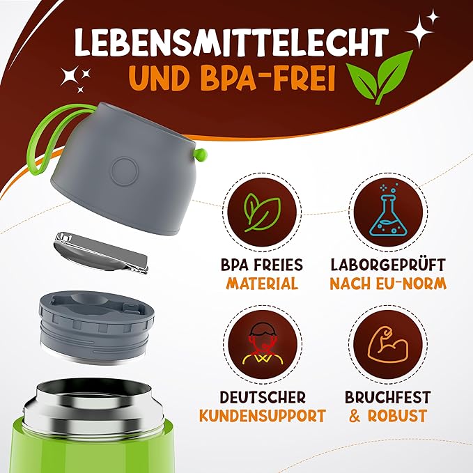 Funkelfuchs® Thermo cup pour aliments pour enfants - 500ml, green trigger - 100% étanche - chauffe aliments en acier inoxydable - thermo cup food - thermo lunch box kids - baby food warmer