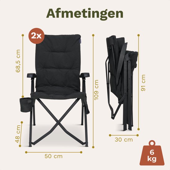 TRVLMORE Chaise de camping de luxe - pliable - 2-Pack - capacité de charge 150KG - sac de transport inclus - chaise pliante - chaise de camping - chaise pliante - noir