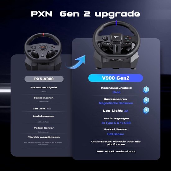 PXN - V900 Gen 2 - Volant de course - Avec pédales et palettes - 270 / 900° - Volant de jeu - Compatible avec PS4 - PC - PS3 - Switch - Xbox Series X/S