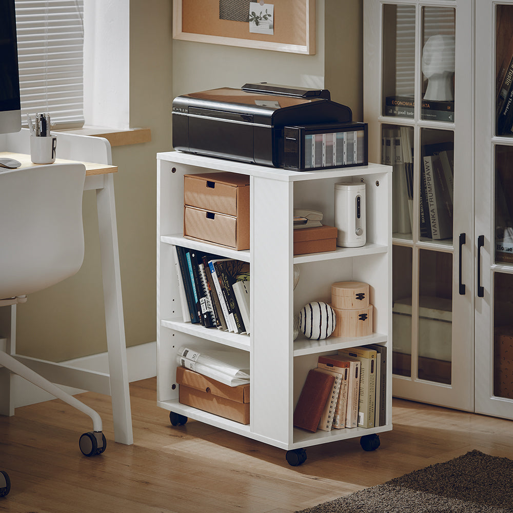printertafel met 7 legplanken, rolcontainer, kantoorwagen, zijspan Documentenwagen, Wit, B x h x D, ca. Afmeting: 60 x 75 x 35 cm