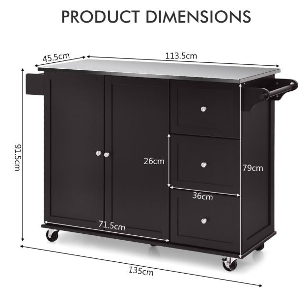 Coast Kitchen trolley chariot de service - acier inoxydable - îlot de cuisine avec 3 tiroirs - 135 x 45,5 x 91,5 cm - Brun/Blanc/Noir